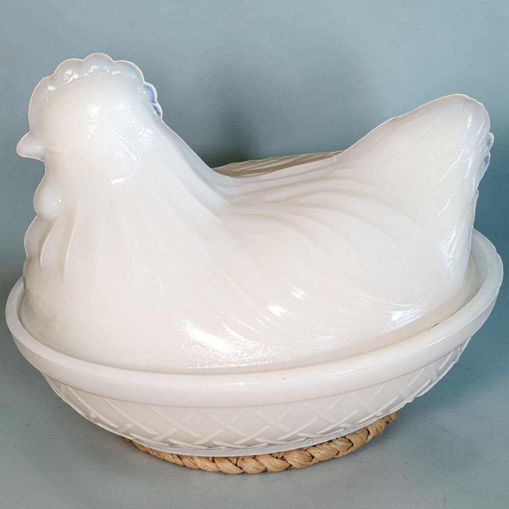 Hazel Atlas Milk Glass Hen On Nest  Candy Dish Butter Keeper 4.5" Vintage 1940s